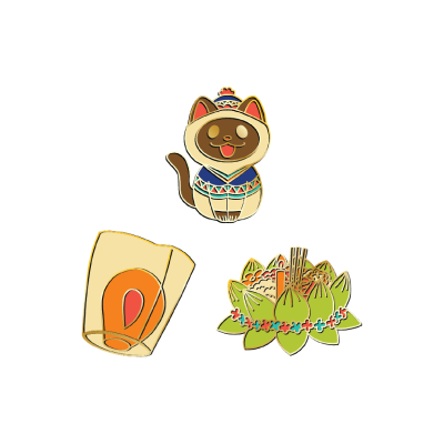 KP pin cat, sky lantern, krathong