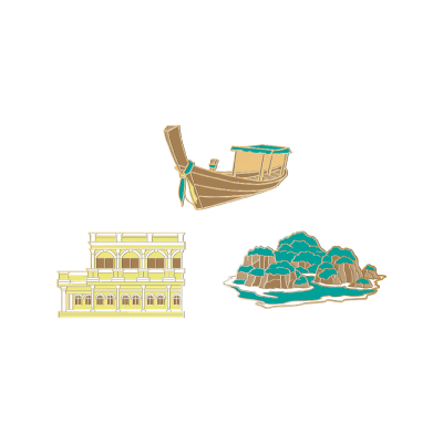 KP pin longtail boat, old building, island