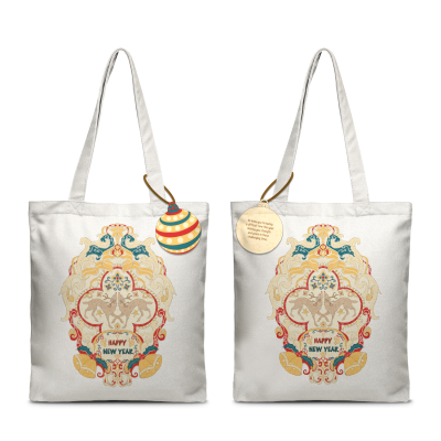 TH tote calico happy new year & raindear