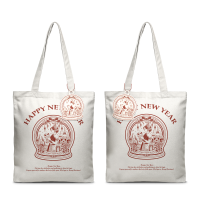 TH tote calico happy new year & snow globe