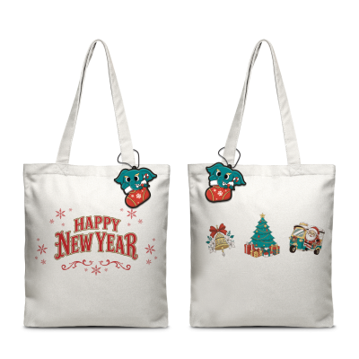 TH tote calico happy new year & santa taxi